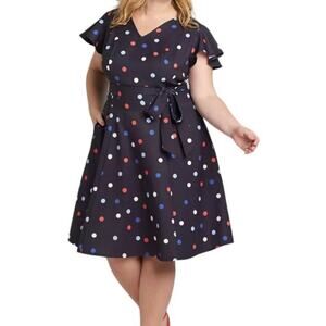 Lane Bryant 22 polka dot flutter sleeve fit and flare dress pockets D1 2749